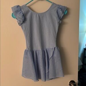 Girls Short Sleeve Ballet Leotards with Shinny Skirt and Criss-Cross Back